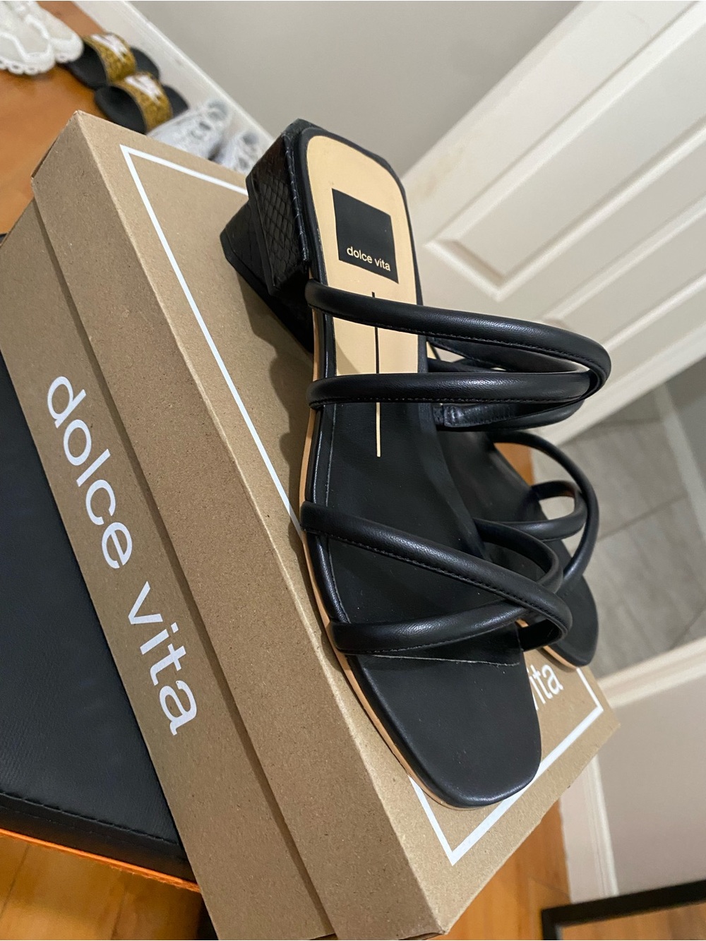 Dolce Vita Black Strappy Square-Toe Slide Mules